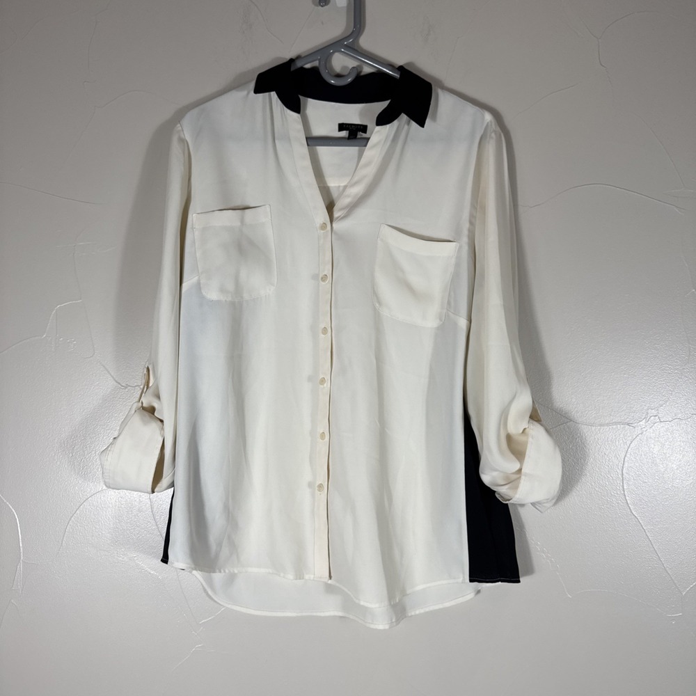Talbots top womens Xl petite long sleeve blouse Cream With Black Trim Sheer